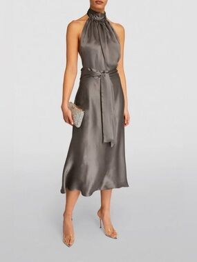 NWT Harmur 100% Silk Wrap Halter Maxi Dress in Brown Floral - M